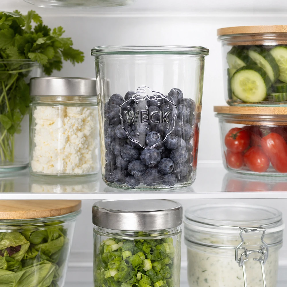 I tumbler WECK RR100 da 850 ml riempiti di mirtilli in frigorifero accanto ad altri barattoli con verdure