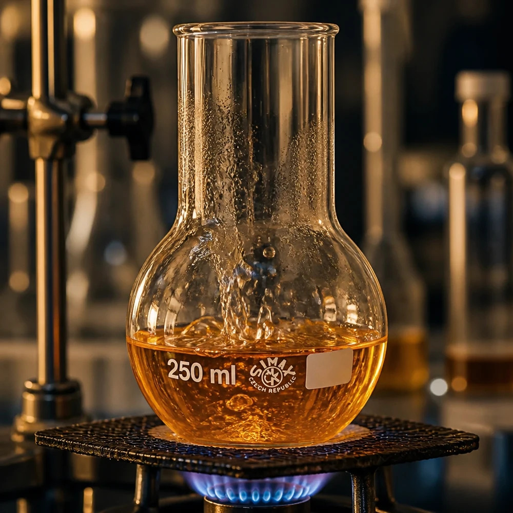 Fiaschetta da 250 ml a collo largo Pallone da distillazione da 250 ml a collo largo con soluzione di colore arancione a condizioni di temperatura controllata