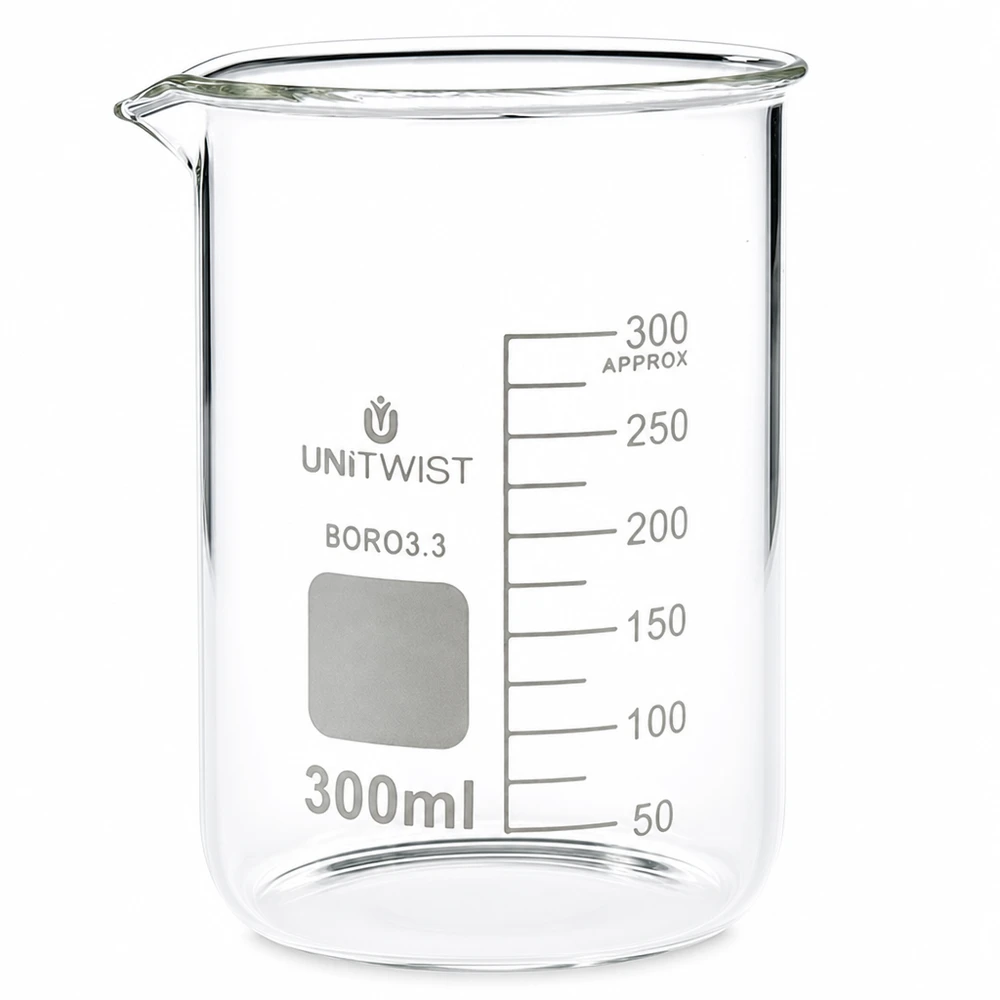 Bicchiere da 300 ml in vetro borosilicato a forma bassa di UNiTWIST su sfondo bianco