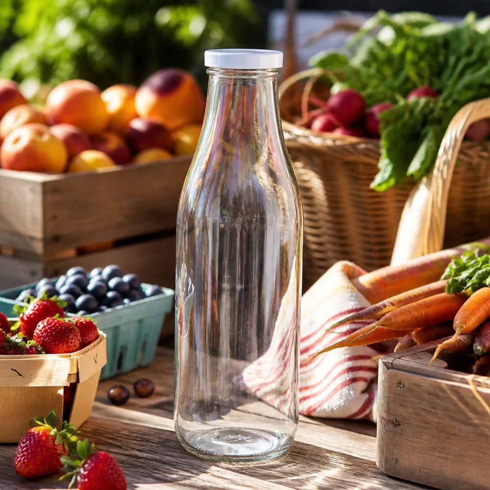 1000ml bottiglia di vetro vuota BasicSeal coperchio bianco bancarella frutta fresca verdura bacche carote paesaggio esterno
