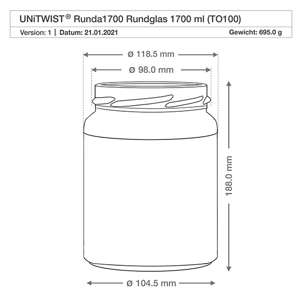 UNiTWIST Runda1700 - Barattolo capacità 1700ml TO100 UNiTWIST Runda1700 tumbler 1700ml TO100 disegno tecnico Dimensioni Dimensioni 118,5mm diametro 188mm altezza