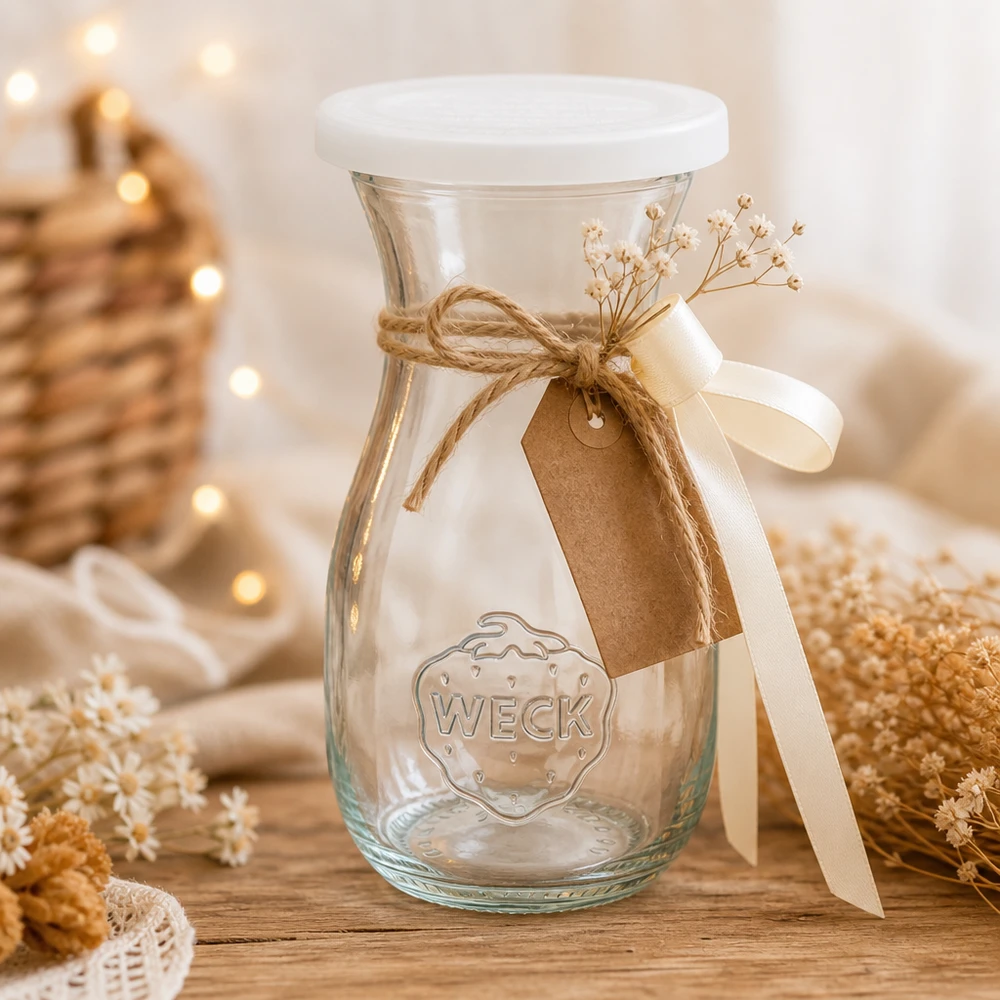 Bottiglia di succo WECK da 290 ml disposta in modo decorativo con nastro di iuta e fiori secchi su un tavolo di legno con luce calda