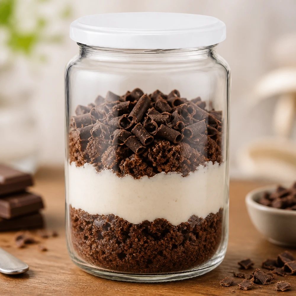 Barattolo rotondo da 795 ml con coperchio BasicSeal bianco UNiTWIST Il bicchiere rotondo UNiTWIST da 795 ml, riempito di dessert al cioccolato a strati, mostra l'uso pratico come bicchiere da dessert