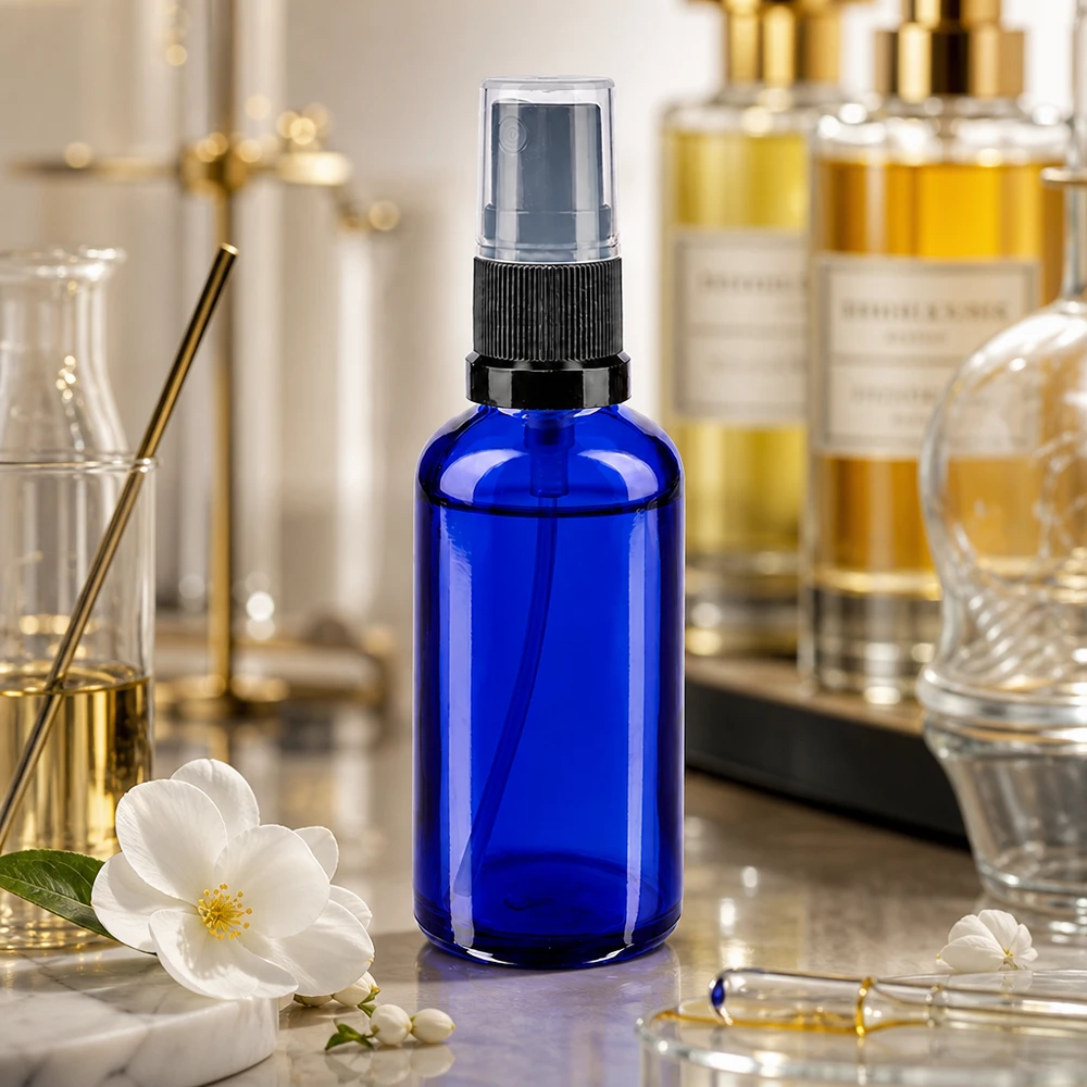Flacone spray blu da 50 ml. STD nero/trasp. apoGlas Flacone spray blu da 50 ml in vetro da farmacia con nebulizzatore fine nero e fiore bianco