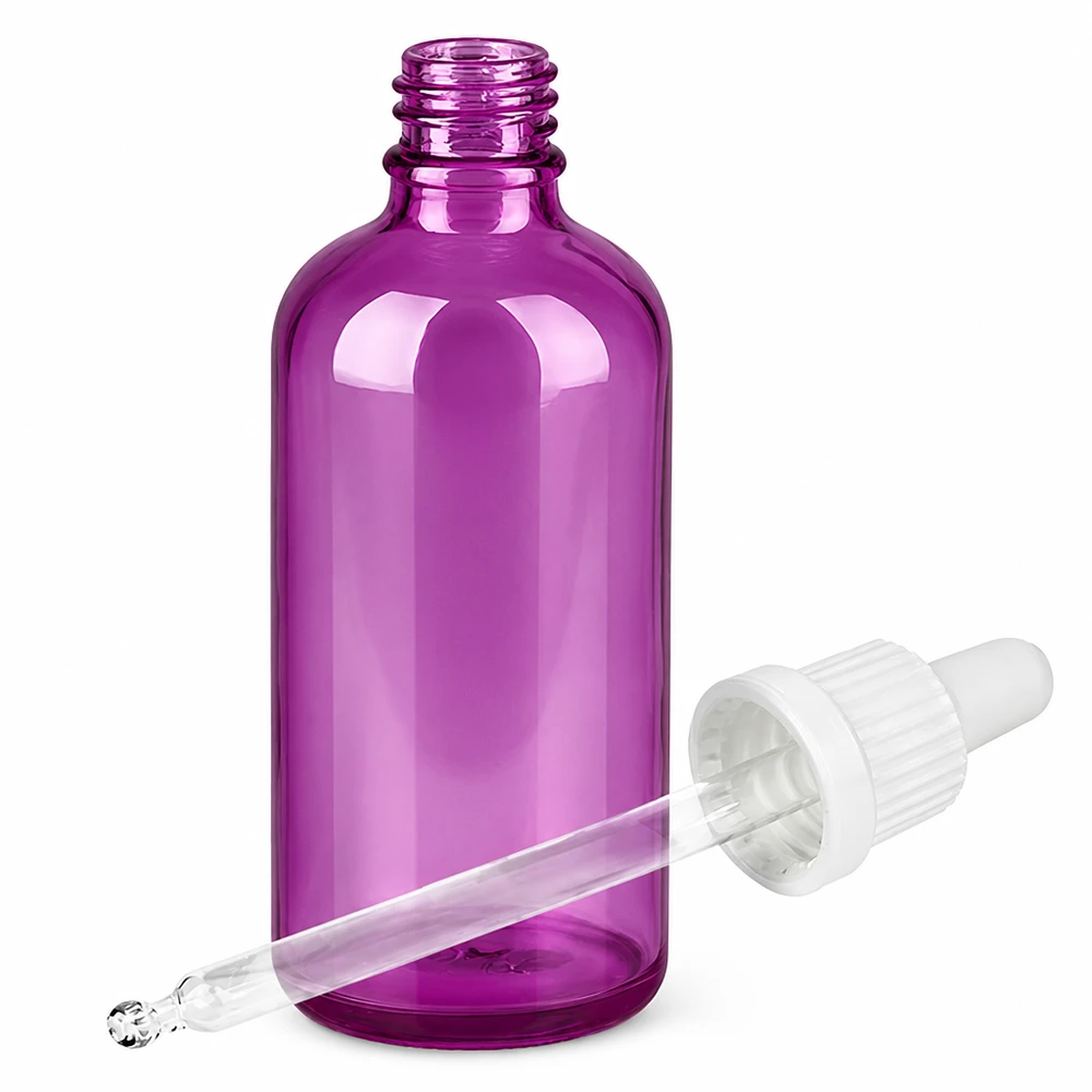 Bottiglia da 100 ml con tappo a vite bianco Originality PurpleLine UT18/100 Flacone ovale in vetro da 100 ml di colore viola con pipetta bianca per un'applicazione precisa
