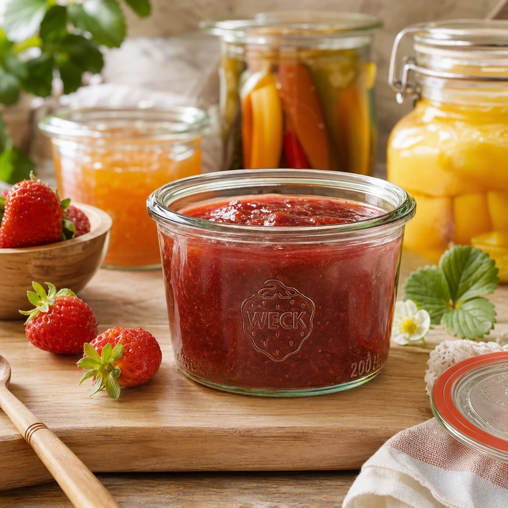 Vaso WECK RR80 da 200 ml riempito di marmellata di fragole su una tavola di legno accanto a fragole fresche e barattoli di conserva.