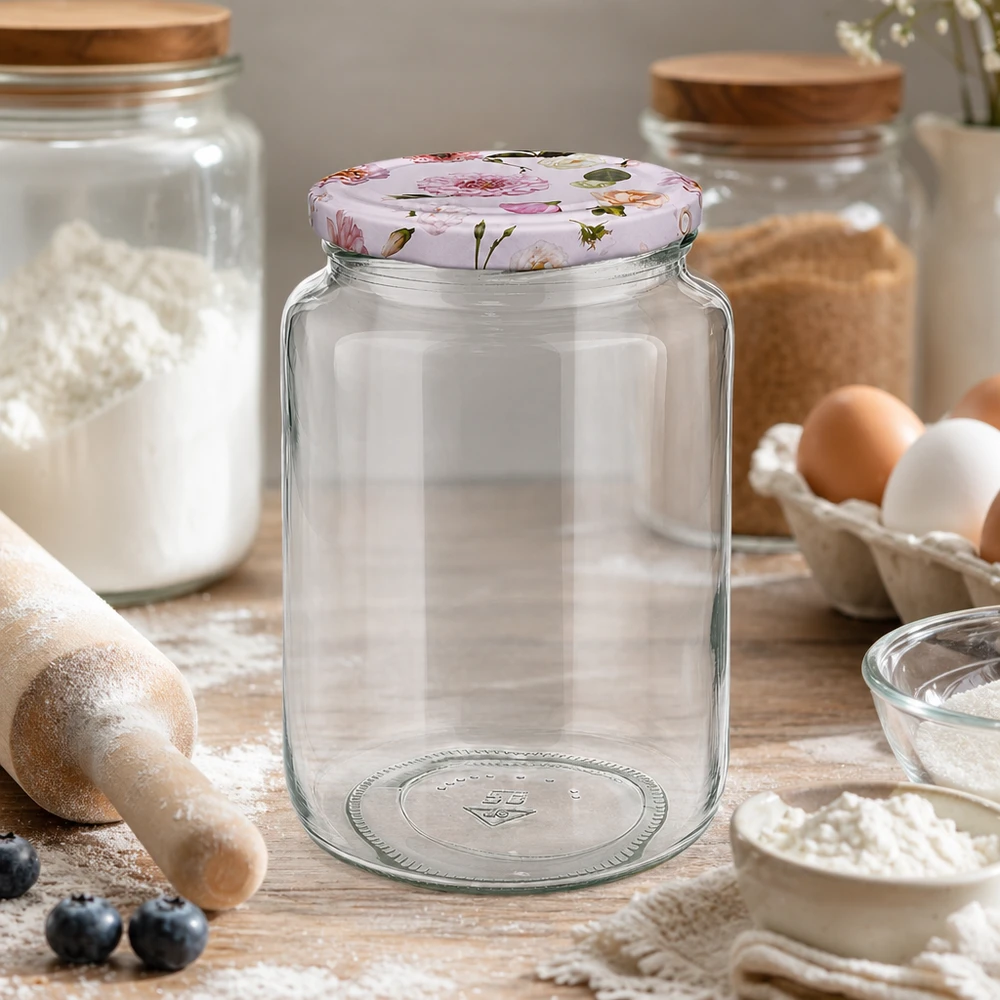 Barattolo rotondo da 795 ml + coperchio BasicSeal rosa fiore UNiTWIST Barattolo rotondo da 795 ml vuoto su tavolo di legno cucina ingredienti da forno farina uova BasicSeal coperchio rosa fiori barattolo di stoccaggio barattolo di conservazione