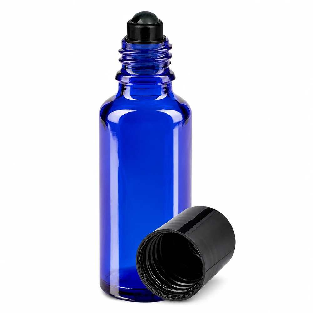 Flacone roll-on 30ml blu STD nero ApoGlas Flacone in vetro blu da 30 ml con applicatore roll-on nero e tappo a vite per oli essenziali