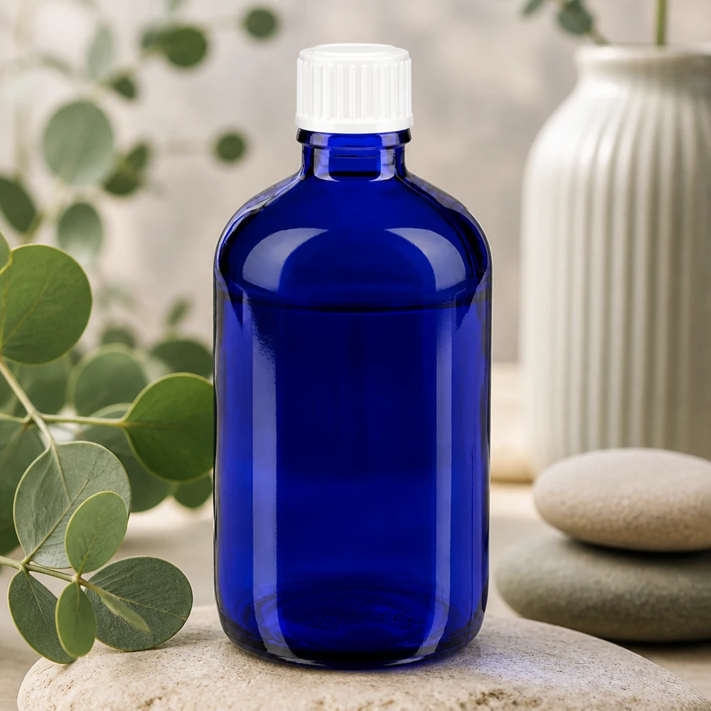 Bottiglia 100ml blu (Glo.) GR STD bianco/3mm ApoGlas Flacone rotondo da 100 ml in vetro blu con tappo bianco scanalato su pietre naturali