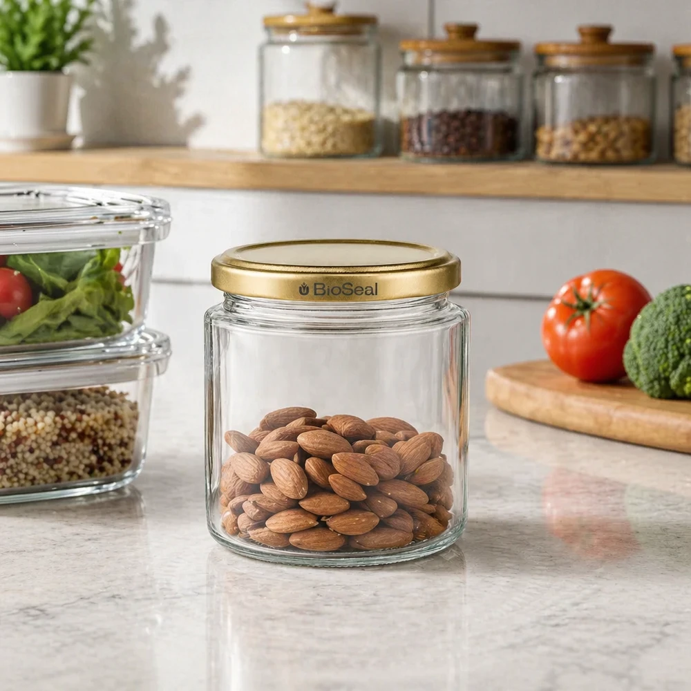 Vasetto per miele da 350 g con capsula dorata BioSeal UNiTWIST Barattolo BioSeal da 250 ml riempito di mandorle in cucina, coperchio dorato UNiTWIST per noci e alimenti secchi