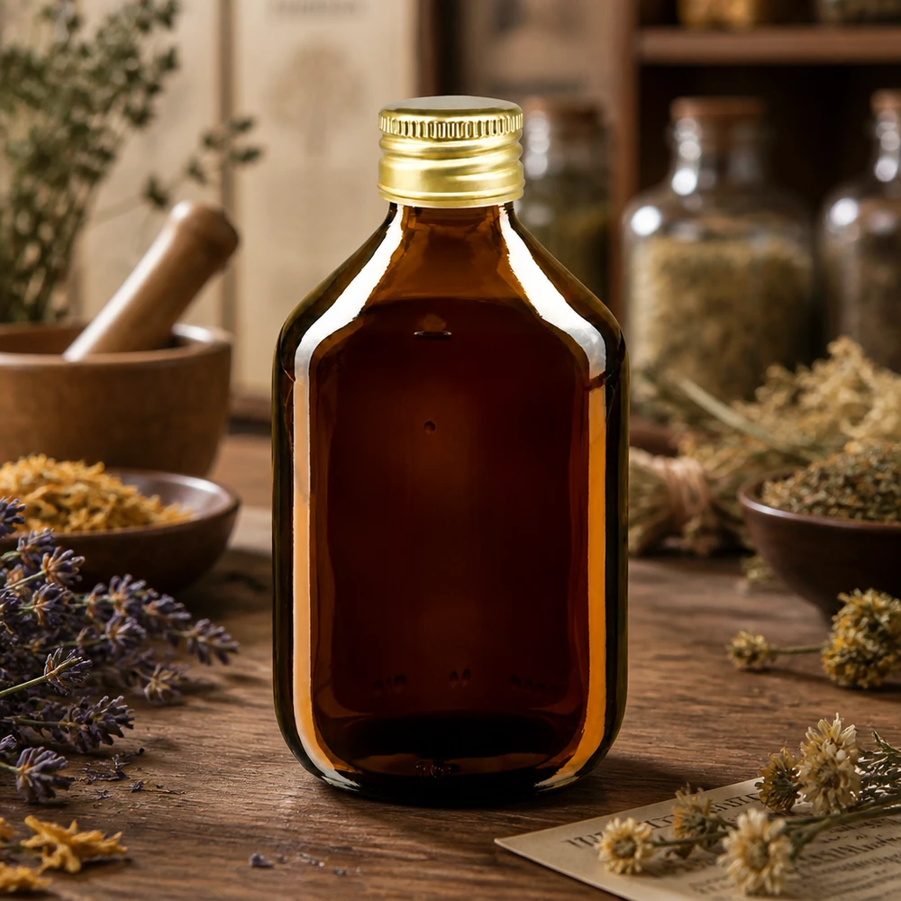 Flacone per medicinali da 300 ml marrone, con tappo in alluminio dorato Ap Pratico flacone per medicinali da 300 ml in vetro ambrato che protegge in modo ottimale il contenuto dalla luce nociva