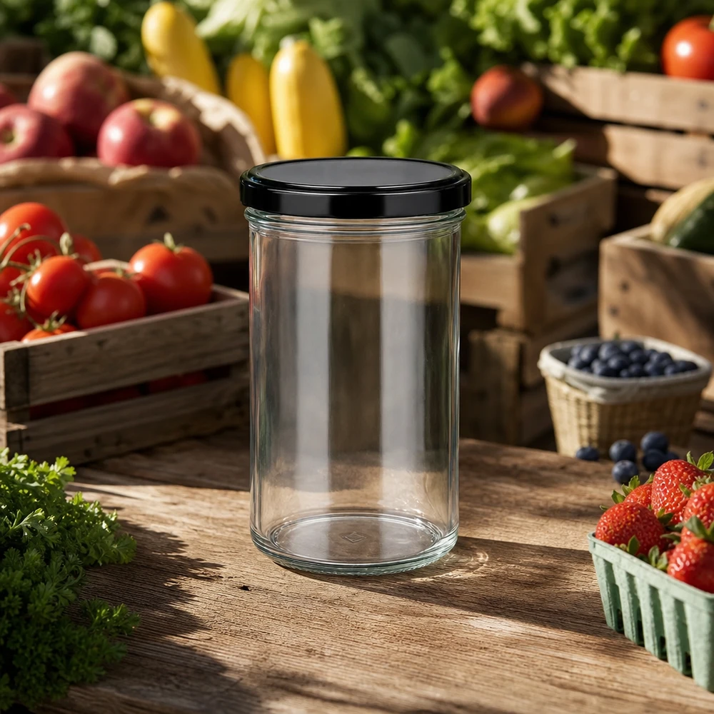 Bicchieri da 277 ml con coperchio BasicSeal nero UNiTWIST. Vaso da 277 ml con coperchio nero su tavolo di legno con pomodori fragole mirtilli vaso da marmellata vaso da conserva