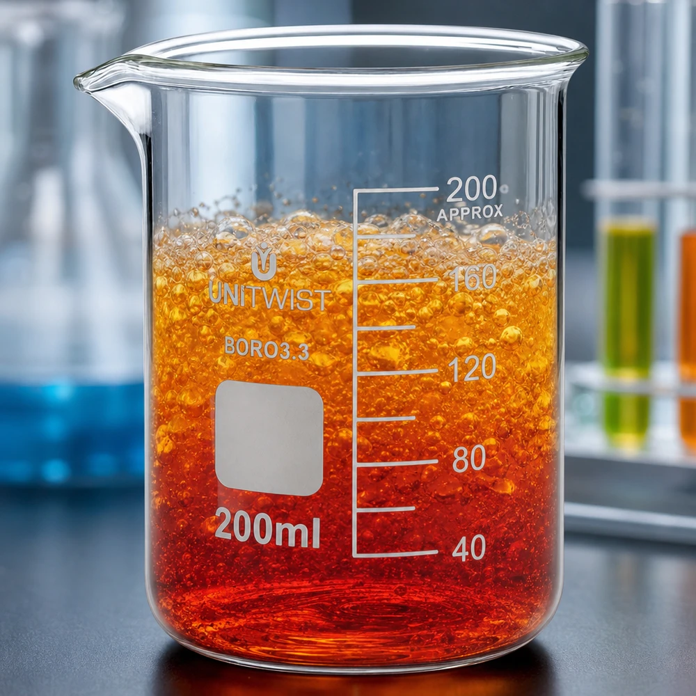 Bicchiere da laboratorio da 200 ml in borosilicato, di forma bassa, contenente un liquido di reazione rosso-arancio che ribolle
