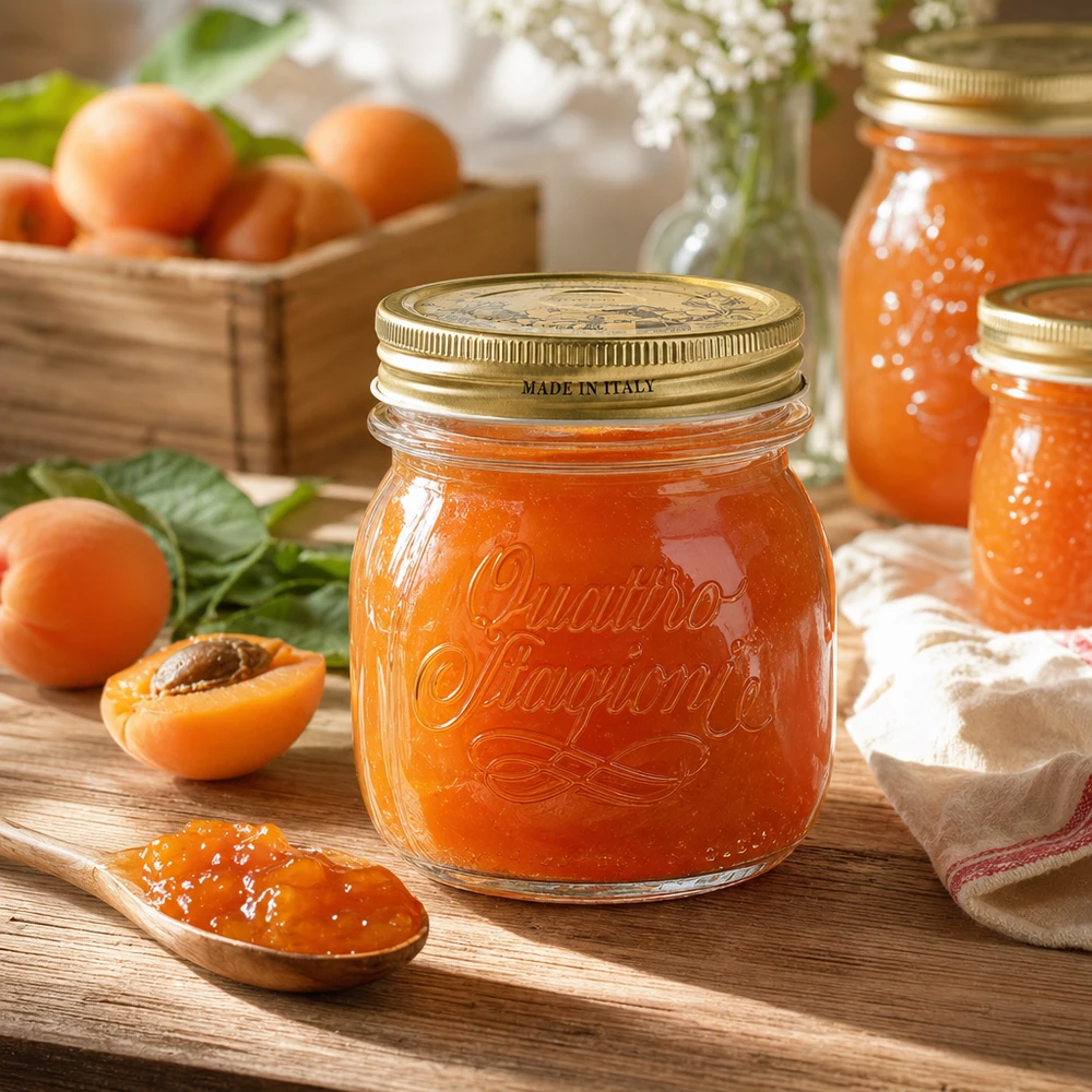 Quattro Stagioni vaso rotondo 250ml con coperchio a vite pieno di marmellata di albicocche su un tavolo di legno con albicocche fresche