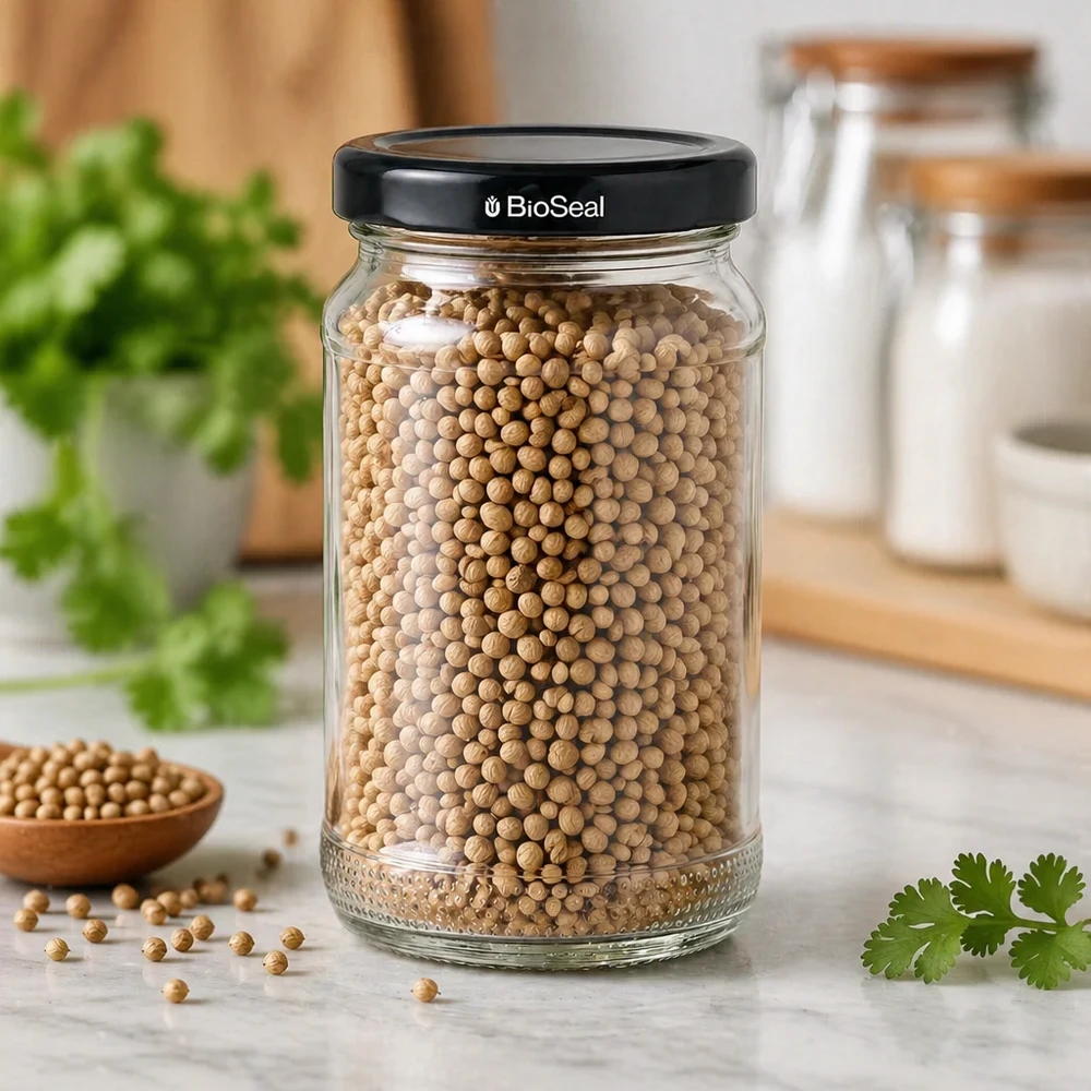 UNiTWIST Runda110 con coperchio nero. Coperchio TO48 BioSeal UNiTWIST Runda110 barattolo per la conservazione dei semi di coriandolo e coperchio TO48 BioSeal nero in una cucina moderna