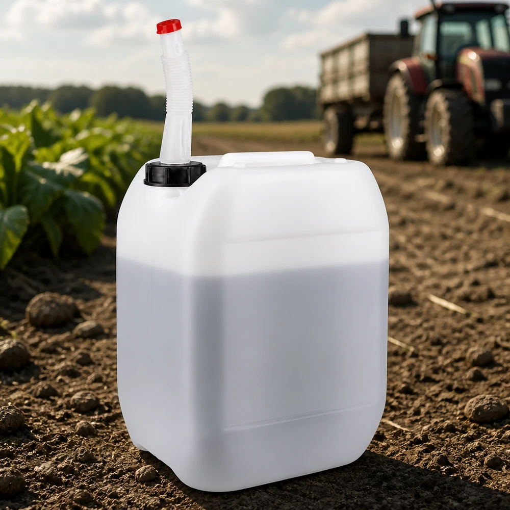 Tanica da 10 litri con tubo di uscita flessibile Robusto contenitore da 10 litri con tubo di scarico flessibile utilizzato in ambito agricolo nei campi coltivati