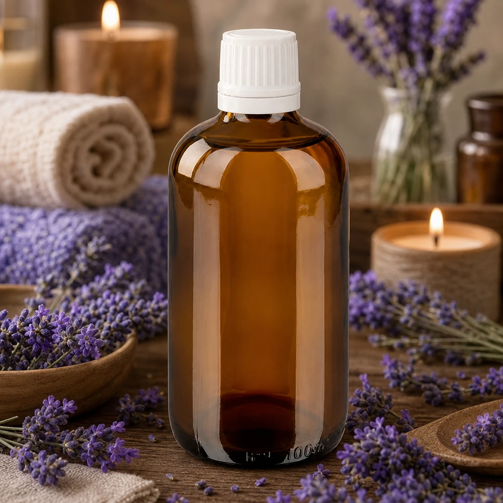 Flacone da farmacia marrone da 100 ml con tappo di sicurezza bianco, circondato da fiori di lavanda e candele