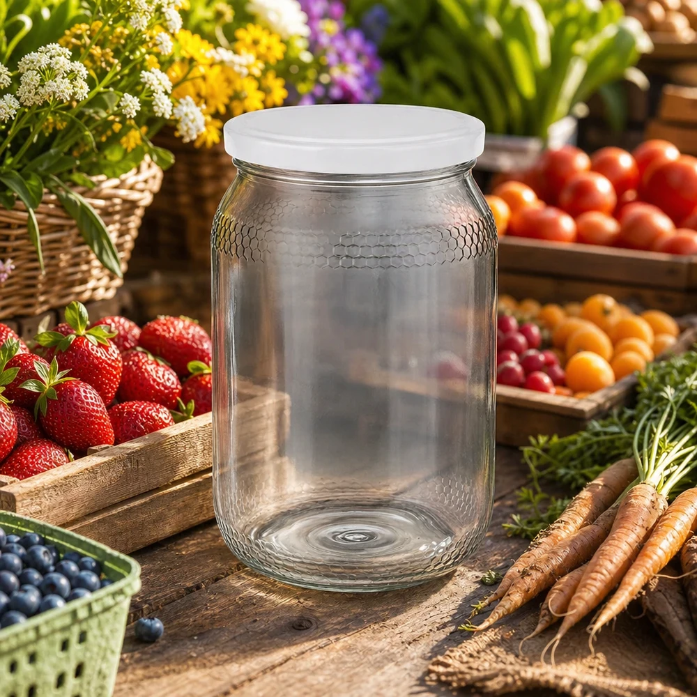 Vasetto per miele da 1260 g con capsula bianca BasicSeal UNiTWIST Vaso di miele vuoto da 900 ml con coperchio BasicSeal bianco tra frutta e verdura fresca, mostra un utilizzo naturale
