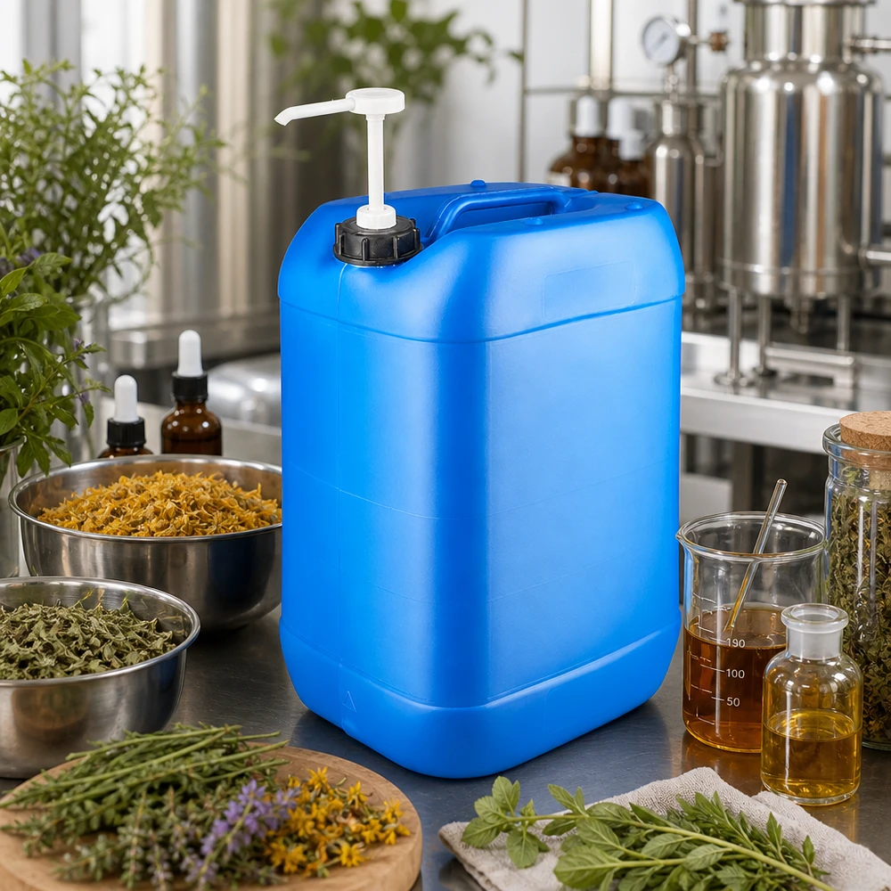 Tanica blu da 25 litri con pompa dosatrice tra le erbe aromatiche e i contenitori di vetro nella produzione di cosmetici naturali