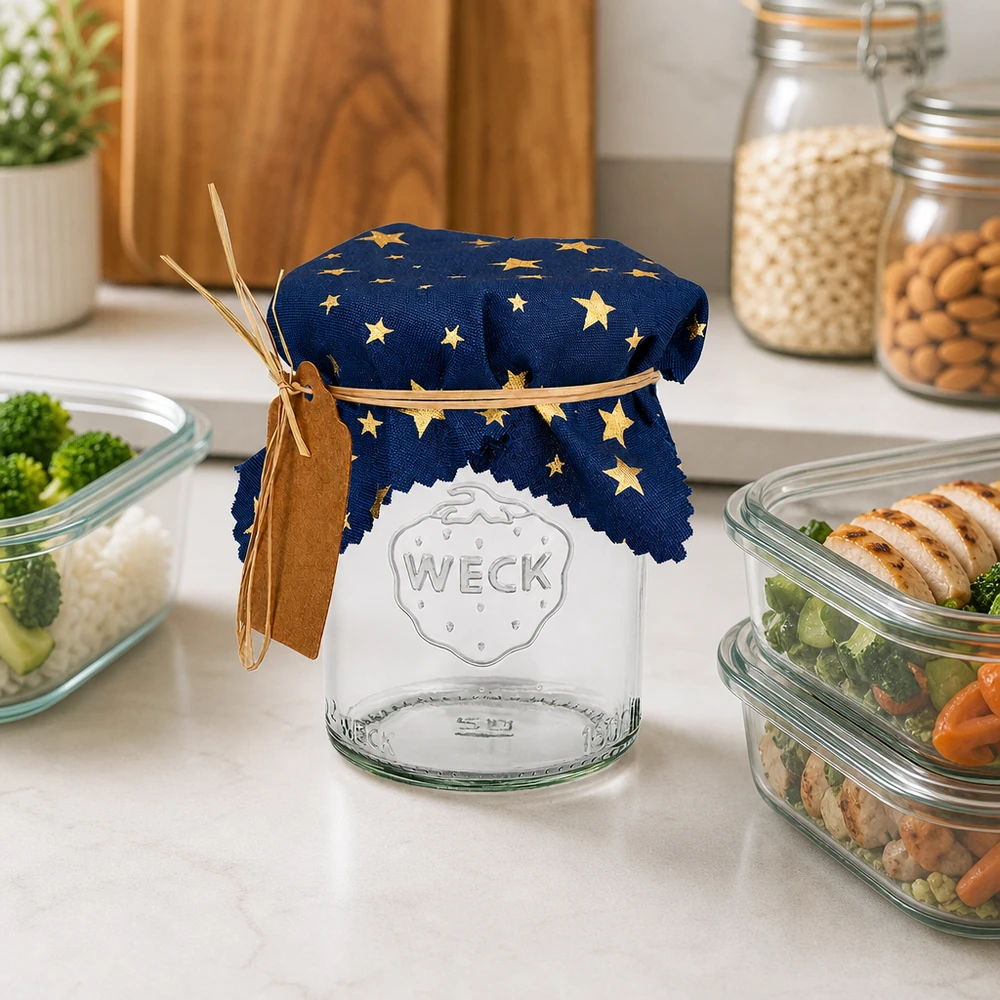 Centrino in tessuto blu a forma di stella 12 cm su vaso WECK in una cucina moderna con ciotole per la preparazione dei pasti e barattoli di stoccaggio