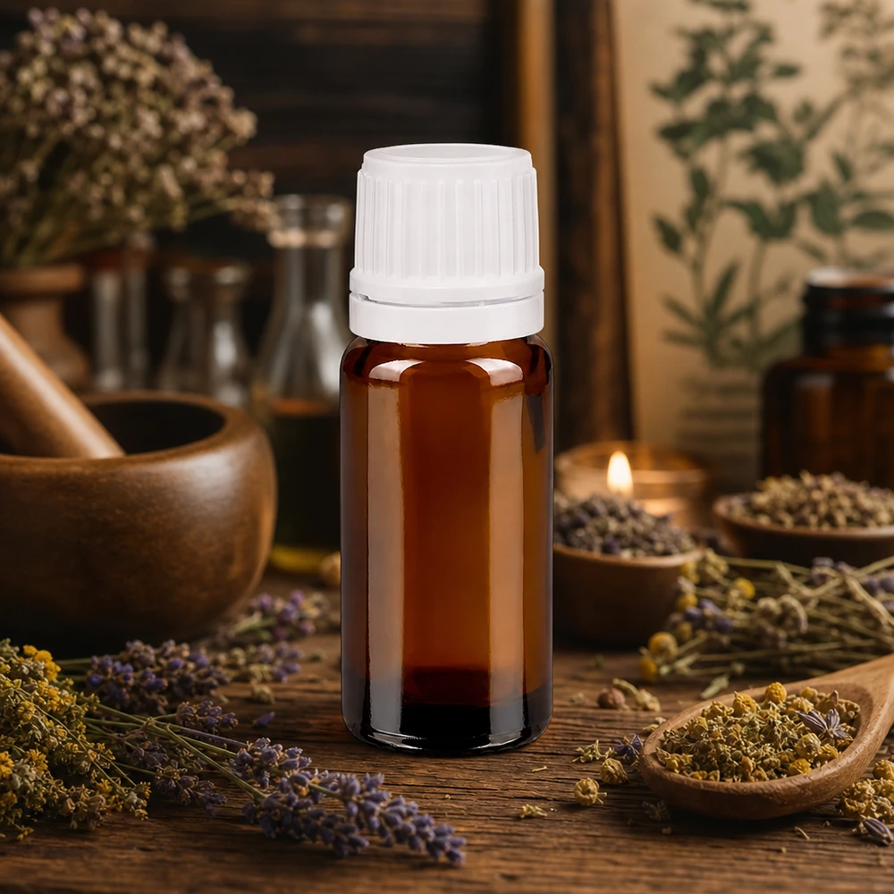 Flacone contagocce compatto da 10 ml in vetro ambrato con tappo a vite bianco per la medicina naturale