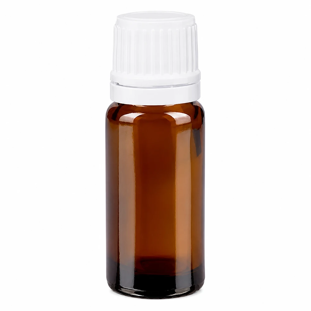 Flacone da farmacia marrone da 10 ml con tappo a vite bianco, realizzato in vetro marrone di alta qualità