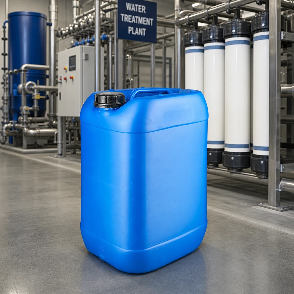 Tanica blu da 25 litri con tappo a vite OV in un moderno impianto di trattamento dell'acqua