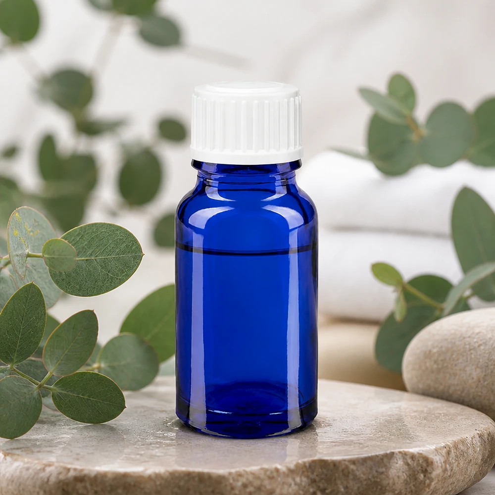 Flacone da farmacia da 10 ml blu cobalto con tappo contagocce bianco su pietra naturale con eucalipto