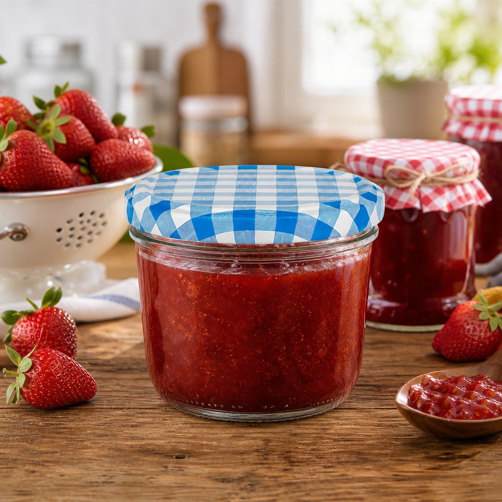 Bicchieri da 230 ml + coperchio BasicSeal blu/bianco UN... Vasetto da 230 ml con coperchio BasicSeal blu e bianco, riempito di marmellata di fragole in una scena di cucina rustica.