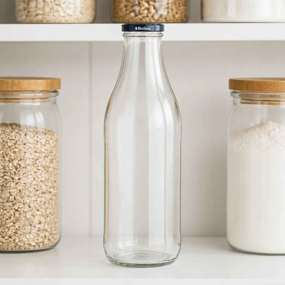 Bottiglia di vetro da 1000 ml + coperchio BioSeal nero UN.. Bottiglia di vetro da 1000 ml Coperchio BioSeal nero Scaffale da cucina Stoccaggio cereali Farina d'avena Rifiuti zero