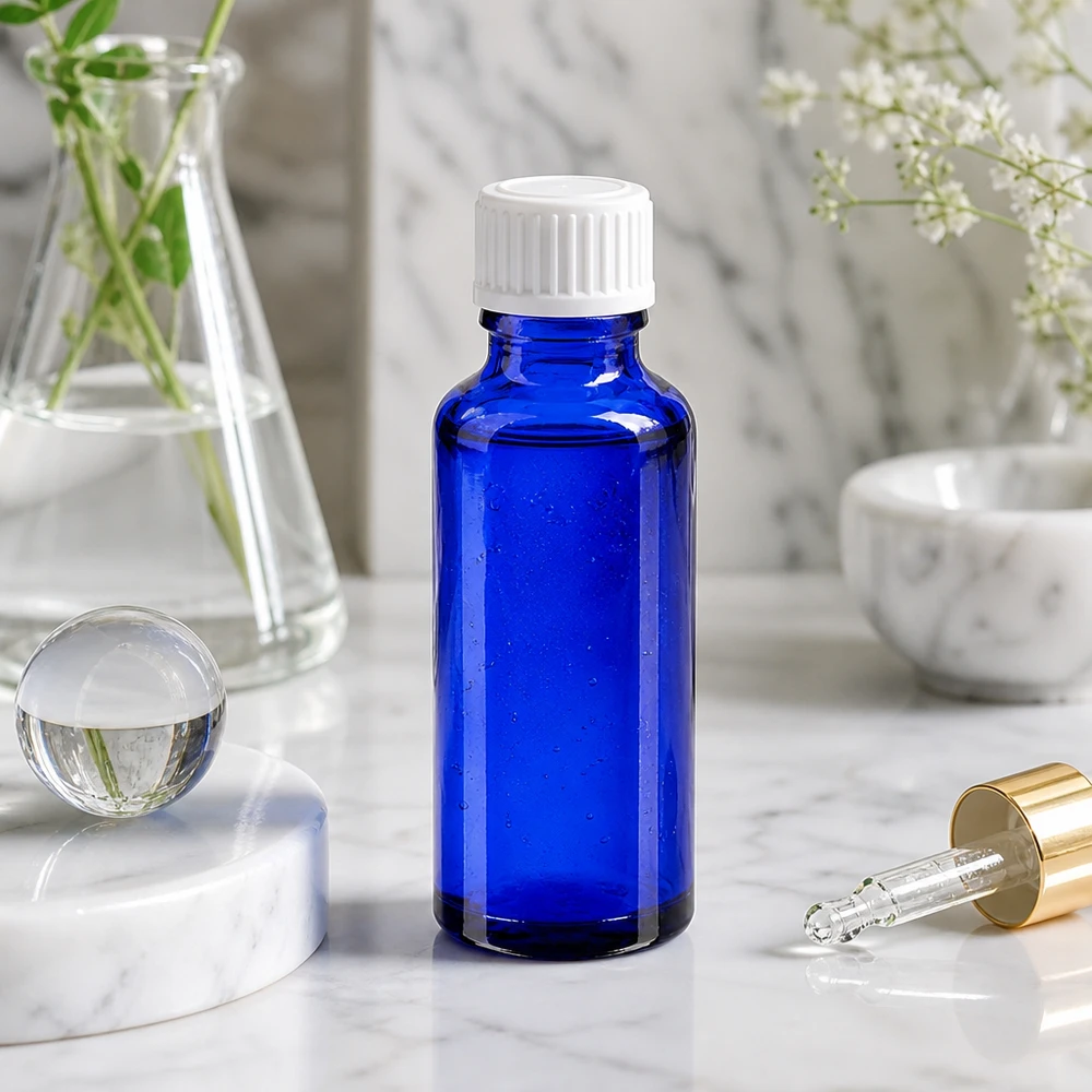 Flacone da farmacia in vetro blu da 30 ml con tappo standard bianco su base in marmo e pipetta