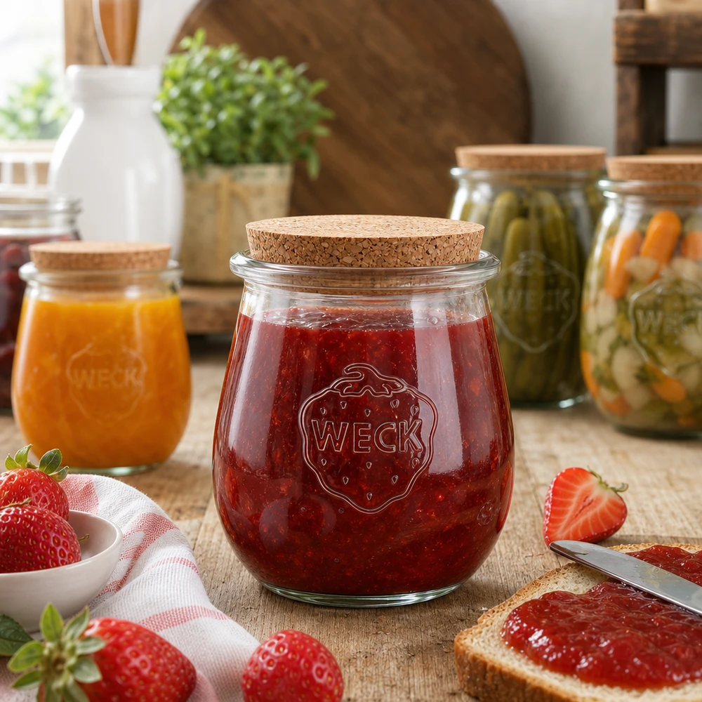 Vaso per tulipani da 220 ml WECK RR60 con tappo in sughero naturale Barattolo WECK a tulipano con tappo di sughero riempito di marmellata di fragole in un ambiente accogliente di cucina con frutta fresca