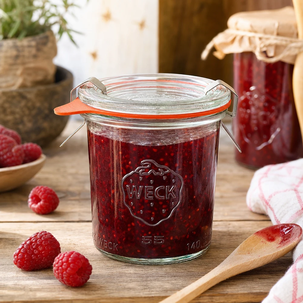 Vaso da conserva WECK 140ml RR60 pieno di marmellata di lamponi in cucina rustica con bacche fresche e cucchiaio di legno