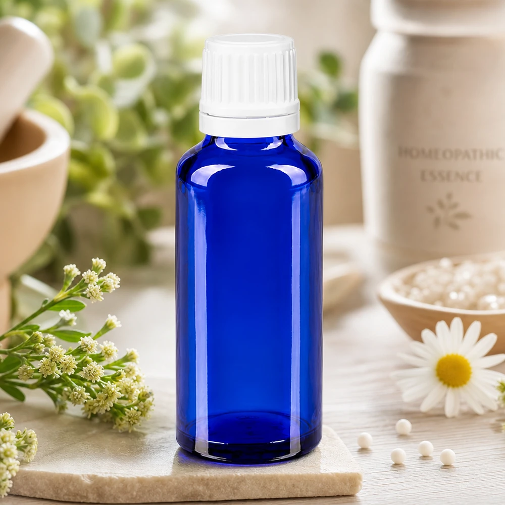 Flacone contagocce blu da 30ml OV bianco/0,7mm ApoGlas Flacone contagocce blu da 30 ml per omeopatia in ApoGlas con etichetta bianca accanto a un fiore di camomilla e globuli