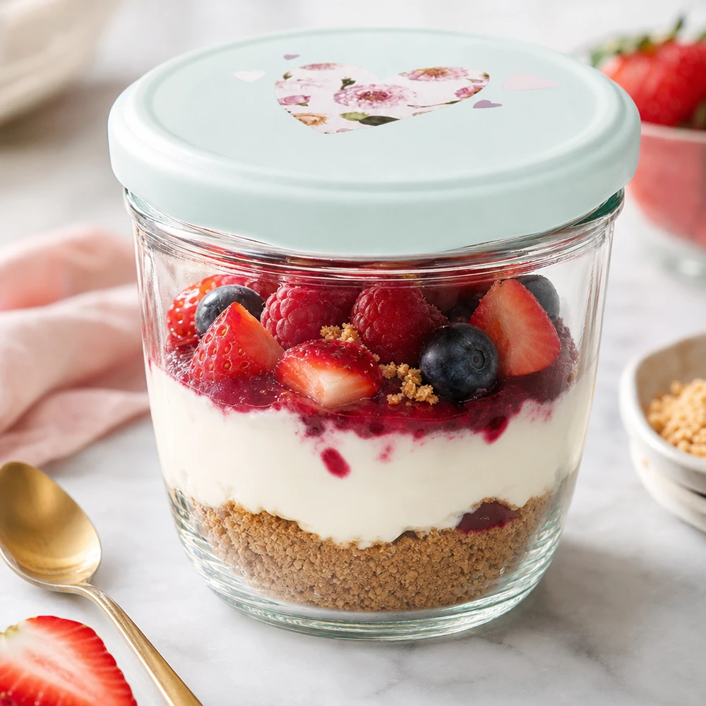 Bicchieri da 230 ml + coperchio BasicSeal cuore menta UNiTWIST Dessert ai frutti di bosco in tumbler da 230 ml con coperchio a cuore BasicSeal alla menta, dessert a strati con yogurt e frutta fresca