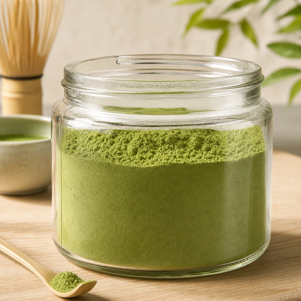 Barattolo di vetro trasparente da 250 ml riempito di polvere di matcha verde accanto a un frullino di bambù su un tavolo di legno Preparazione del tè