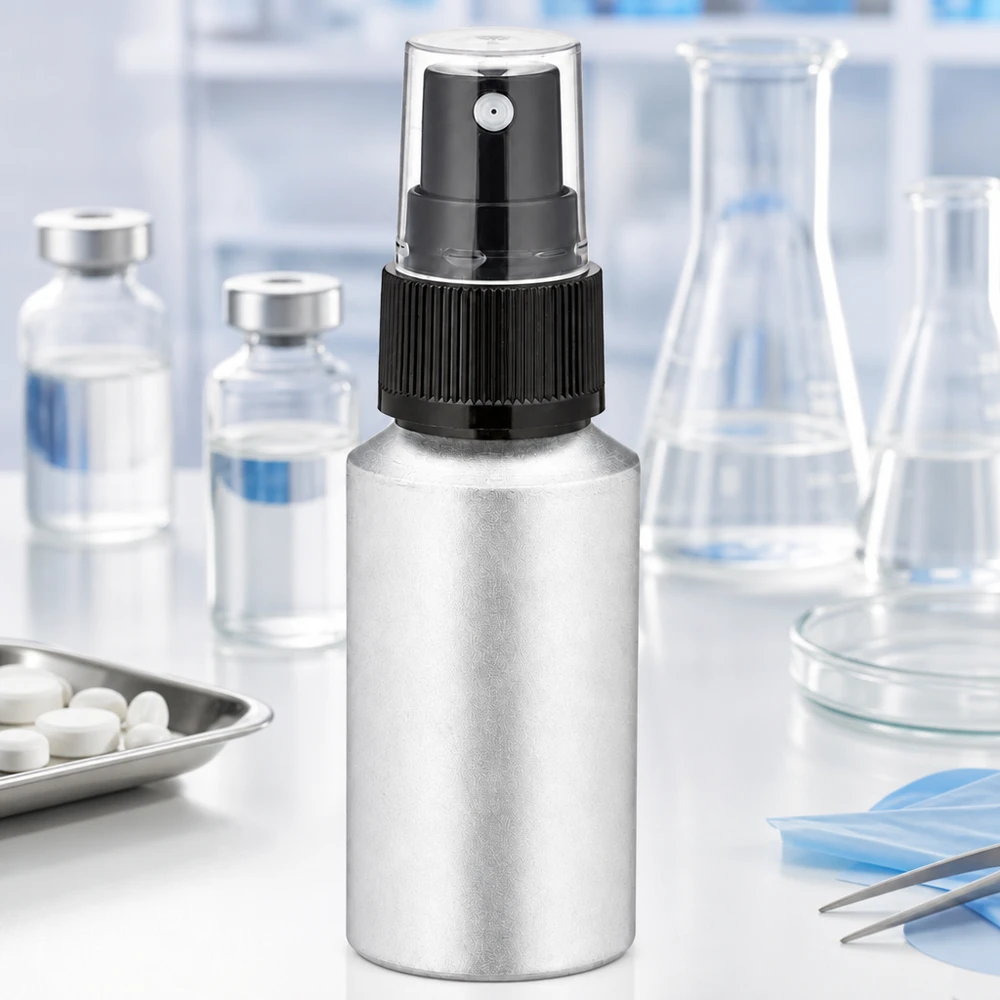 Flacone in alluminio decapato da 30 ml con nebulizzatore Flacone in alluminio da 30 ml con finitura opaca e sistema di spruzzatura preciso per uso professionale