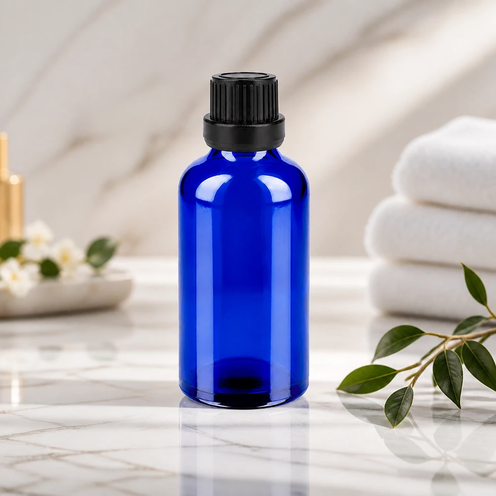 Bottiglia da 50ml 11mm SV nero OV BlueLine UT18/50 Bottiglia ecologica riutilizzabile da 50 ml in vetro cobalto con tappo a vite riutilizzabile