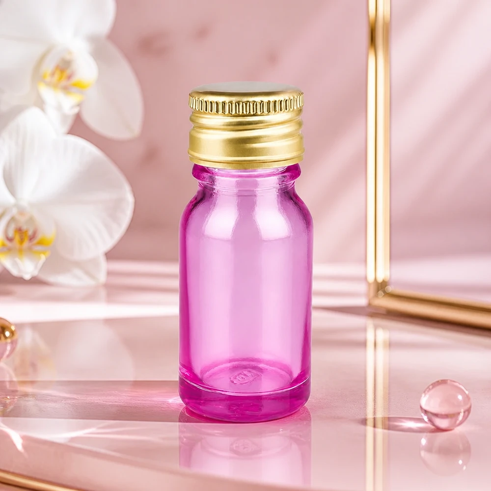 Flacone da 10ml tappo a vite 11mm alluminio oro standard PurpleLine. UT18/10 Flacone professionale in vetro viola da 10 ml con tappo a vite in alluminio a scorrimento liscio per terapisti