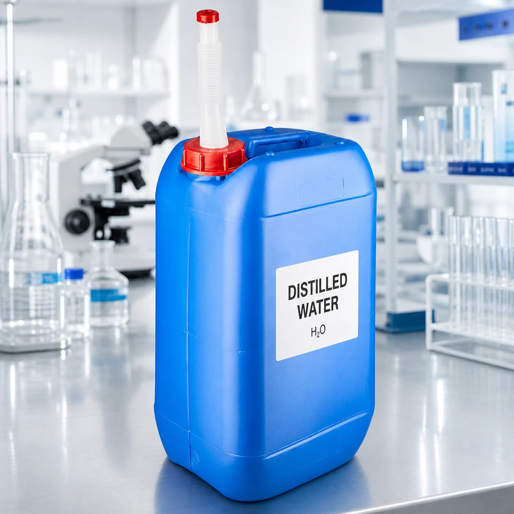 Tanica 15 litri blu con tubo di uscita Flex Tanica da 15 litri blu con beccuccio flessibile lungo per acqua distillata da laboratorio