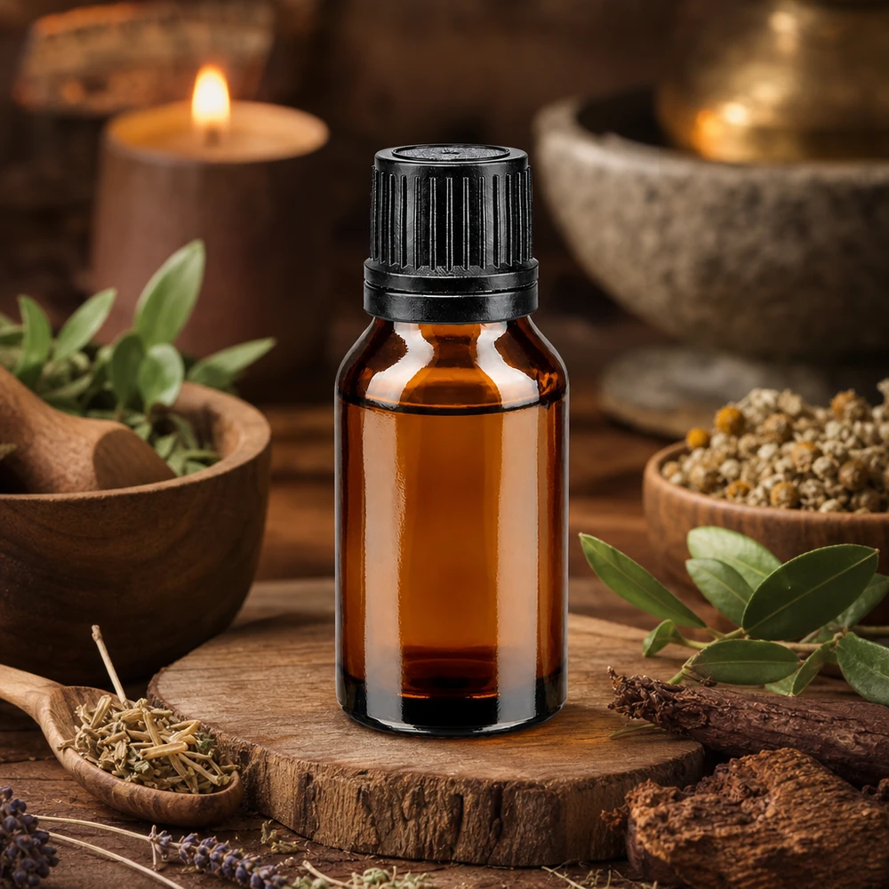 Bottiglia da farmacia marrone 15ml con tappo contagocce. Pr. 1mm nero OV Erbe aromatiche e flacone da farmacia marrone da 15 ml con tappo contagocce nero su base di legno