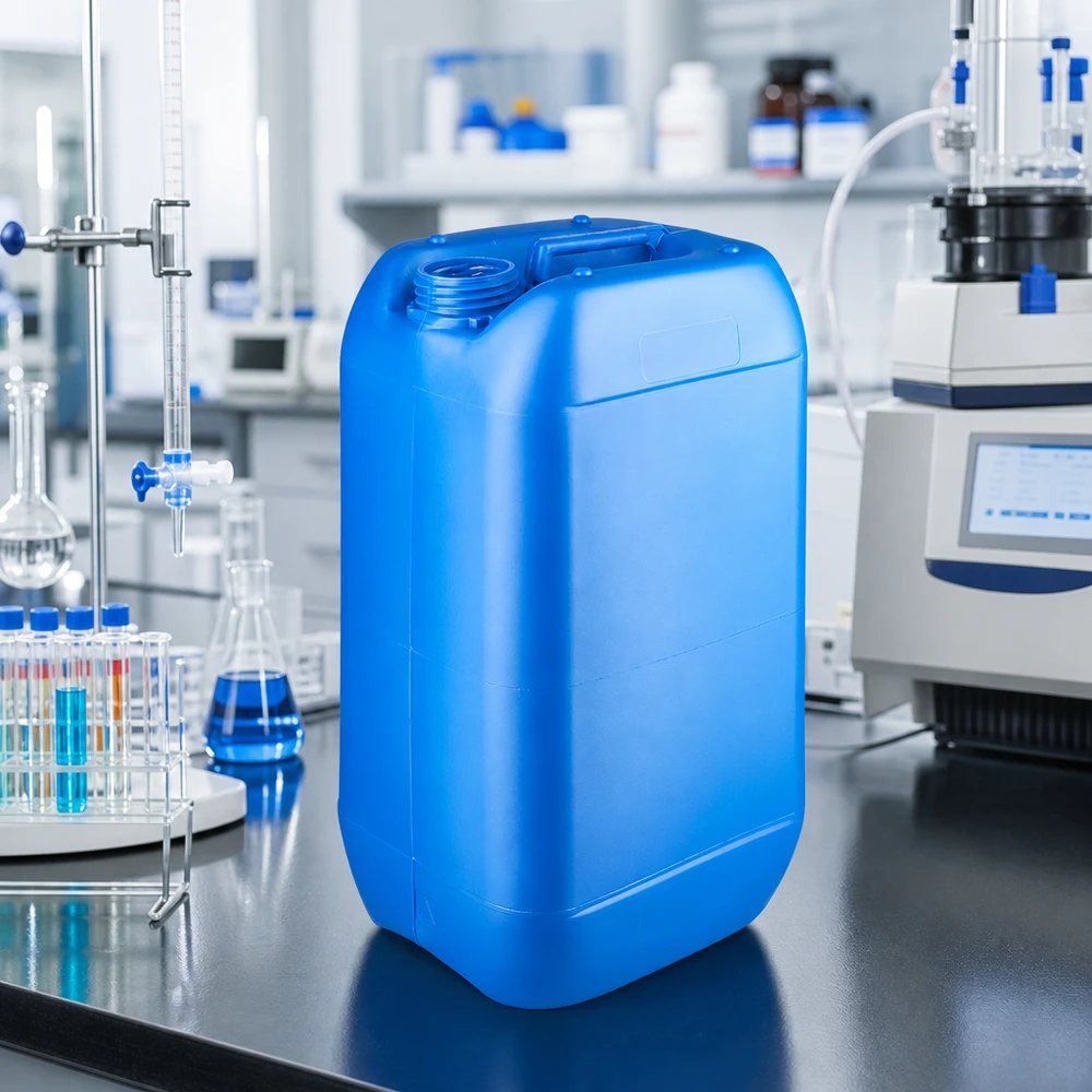 Tanica 15 litri blu senza tappo Tanica blu vuota da 15 litri senza coperchio, in posizione verticale in un ambiente di laboratorio professionale