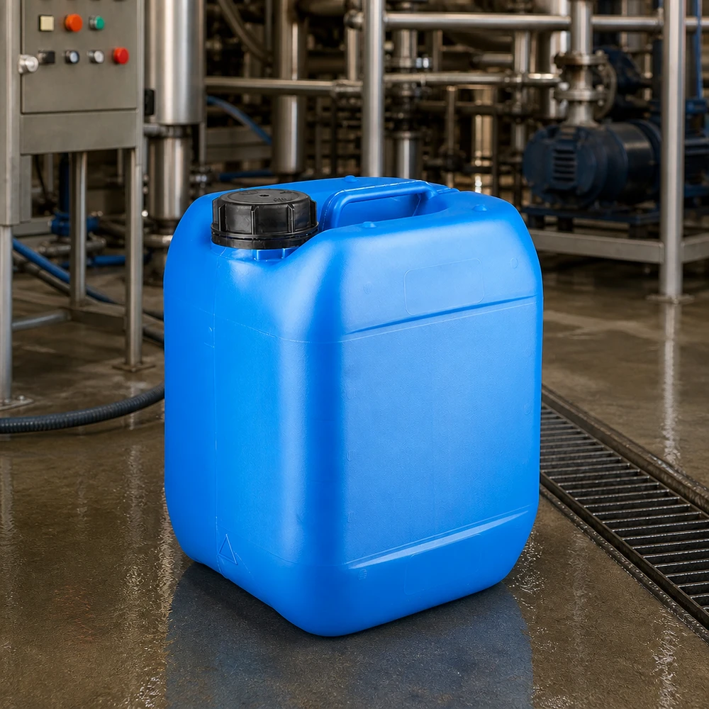 Tanica 5 litri blu con tappo a vite OV Tanica industriale blu da 5 litri con tappo a vite OV in un impianto di produzione chimica