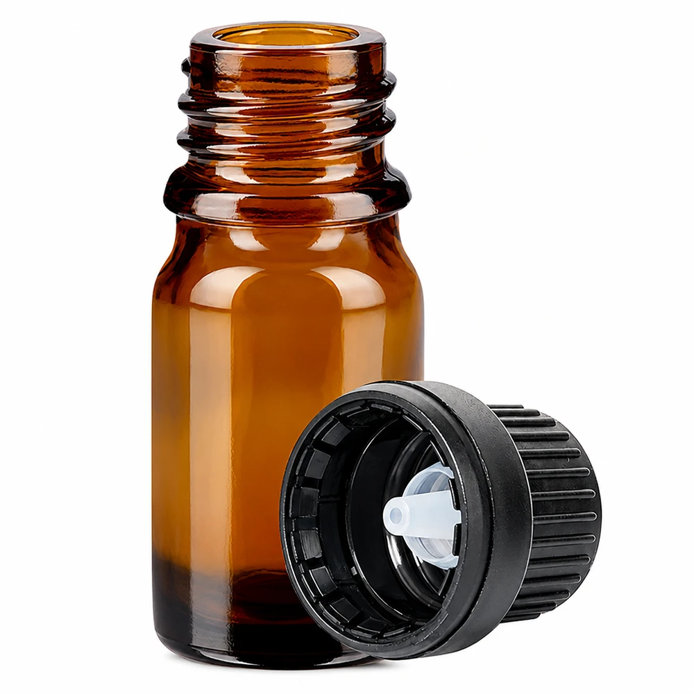 Flacone contagocce da 5 ml 2 mm nero OV BrownLine UT18/5 Flacone in vetro ambrato da 5 ml con beccuccio contagocce da 2 mm e tappo a vite nero per un dosaggio preciso.