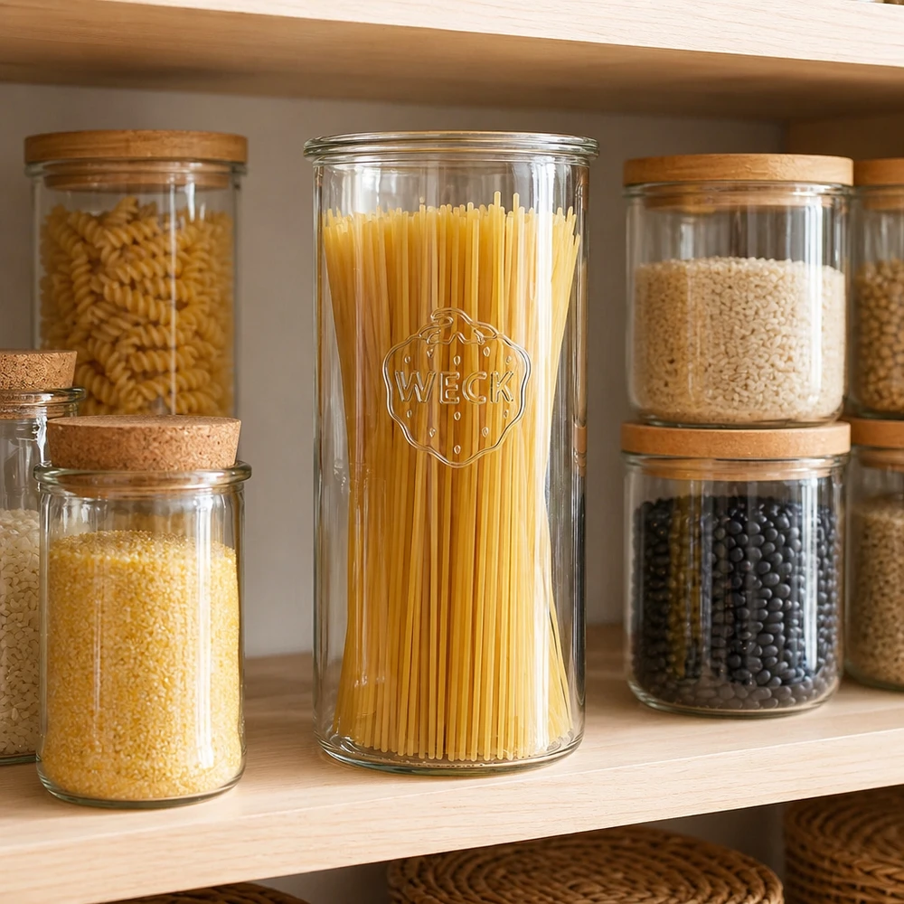 Bicchieri WECK RR100 da 1500 ml riempiti di spaghetti in una dispensa organizzata, accanto ad altri barattoli.