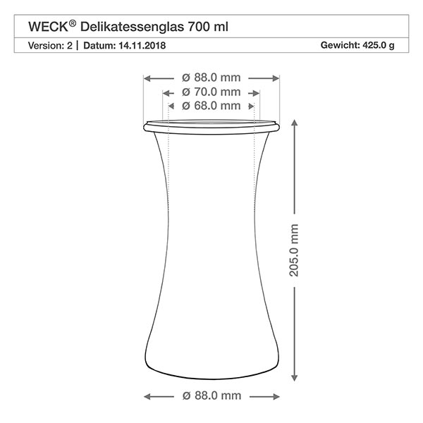 Barattolo da 700 ml WECK RR80 con coperchio di legno WECK vaso da gastronomia 700ml RR80 disegno tecnico con dimensioni 88mm diametro 205mm altezza Specifiche prodotto