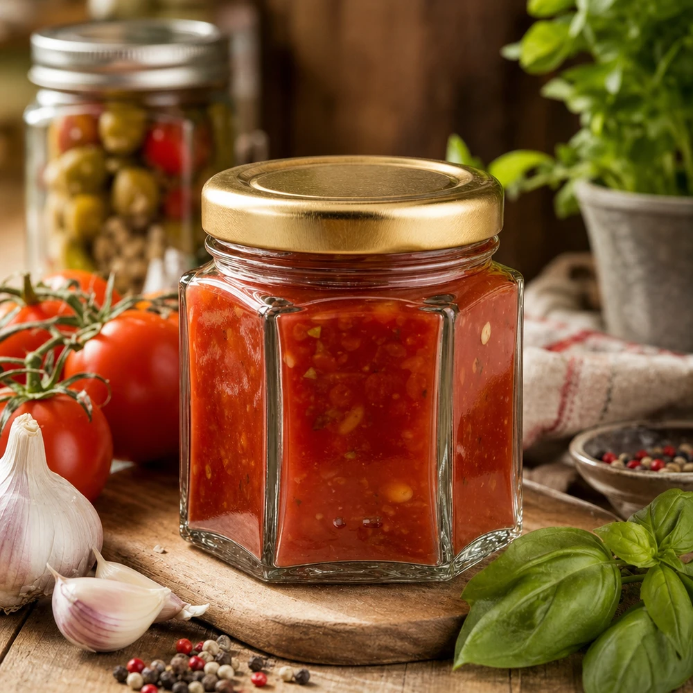 Vasetto per miele da 60 g con capsula dorata BasicSeal UNiTWIST Vaso di miele esagonale da 60 g riempito con marmellata di pomodoro e circondato da pomodori freschi, aglio e basilico