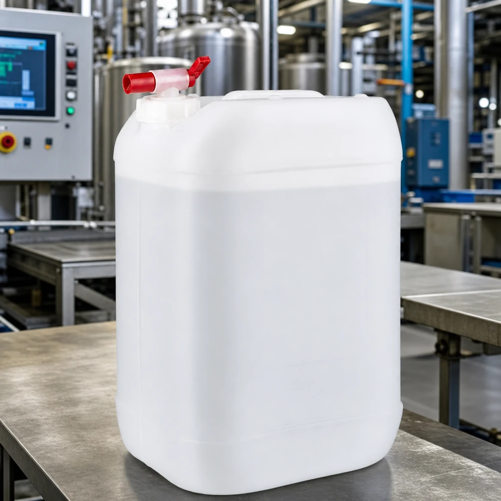 Tanica da 25 litri con rubinetto di scarico Tanica rettangolare da 25 litri con rubinetto in un impianto di produzione industriale