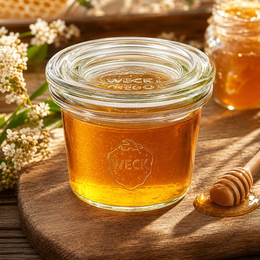 Bicchieri da 35 ml con coperchio in vetro WECK RR40 WECK vaso di vetro 35ml RR40 riempito di miele tra i fiori su tavola di legno mostra un uso naturale