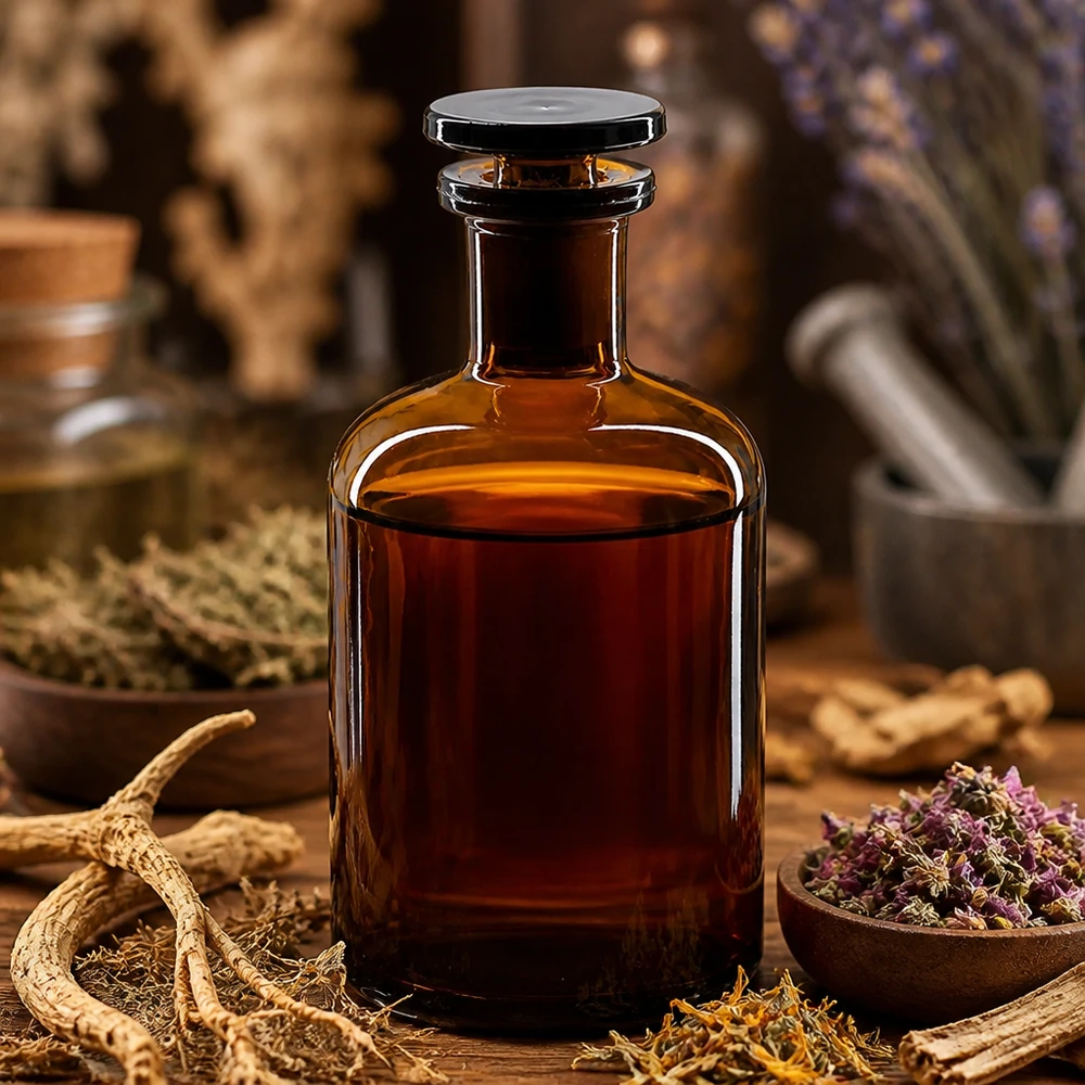 Bottiglia a spalla tonda 100ml marrone collo stretto tappo in vetro Bottiglia a spalla arrotondata da 100 ml, di colore marrone, con tappo in vetro, circondata da erbe medicinali essiccate e radici